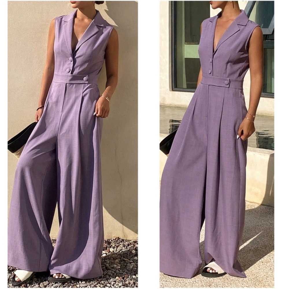 Solid Lilac Purple V Neck Button Sleeveless Wide Leg Jumpsuit S M L